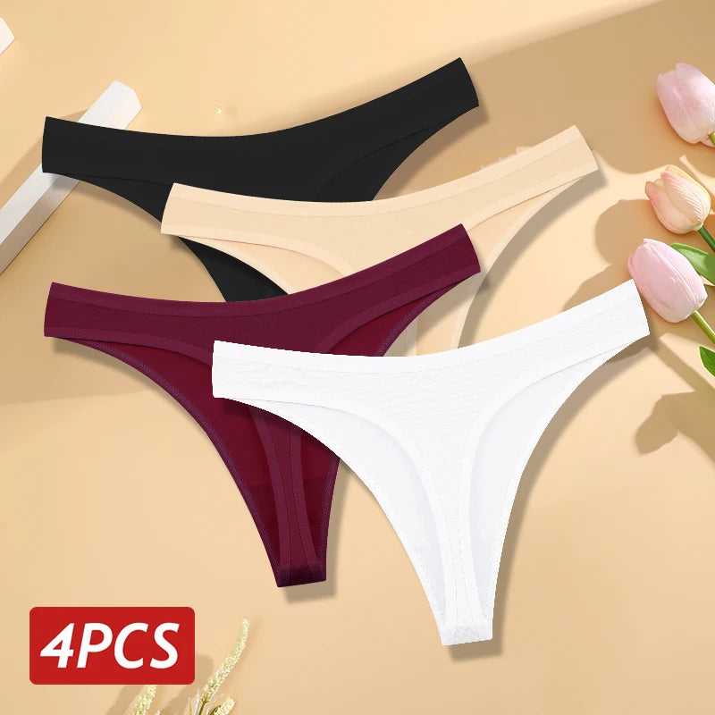 4PCS/Set Women Cotton Panties Seamless Low Rise Thongs V-Waist Solid Color Breathable Underwear Female Soft Lingerie Intimates.