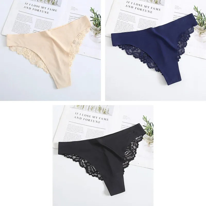 3PCS Women's Sexy Lingerie Panties Lace Plus Size Briefs Low Waist Underpants Intimates Seamless Briefs Silk Panty Women Tangas.
