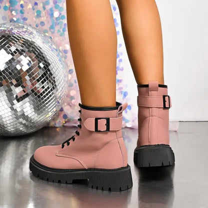 Chunky Platform Thick Heel Pink Ankle Boots Women 2025 Winter Punk Thick Bottom Lace Up Motorcycle Boots Metal Buckle Booties.