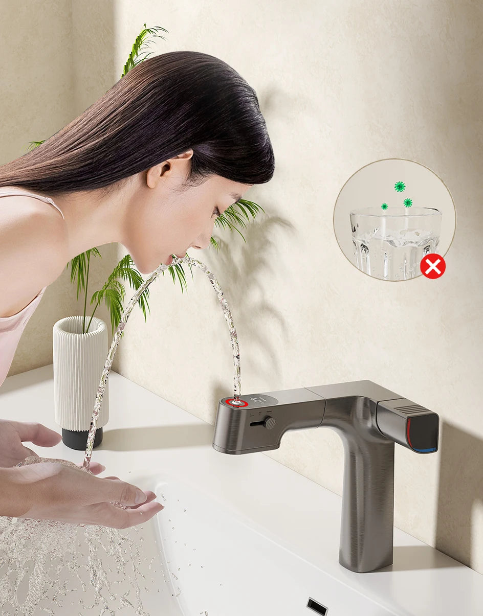 VGX Purified Bathroom Faucets Pull Out Water Filter Tap White Basin Mixer Sink Faucet Gourmet LED Display Brass Tapware Crane