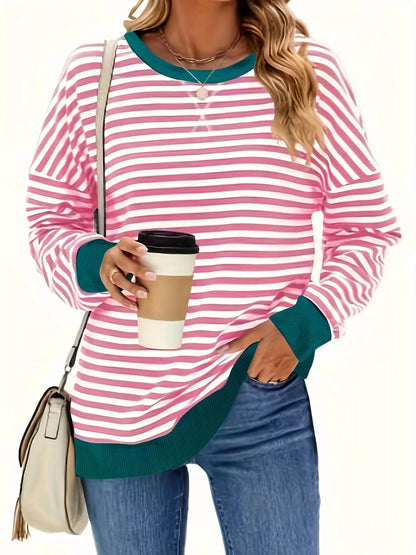 2024 Plus Size Europa und die Vereinigten Staaten Herbst und Winter neue Rundhals ausschnitt gestreifte lose lang ärmel ige Hoodie Frau.