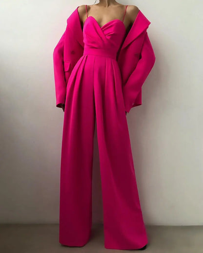 2025 Spring Summer Chiffon Elegant Jumpsuits Women Spaghetti Strap High Waist Wide Leg Jumpsuits Overalls Solid Womens Jumpsuit.