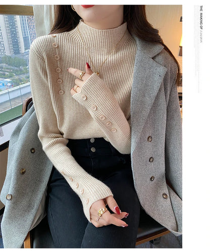 Langarm Beiläufige Dünne Pullover Mode Taste Grundlegende Gestrickte Tops Frauen Rollkragenpullover Koreanische Mode Einfache Chic Kleidung