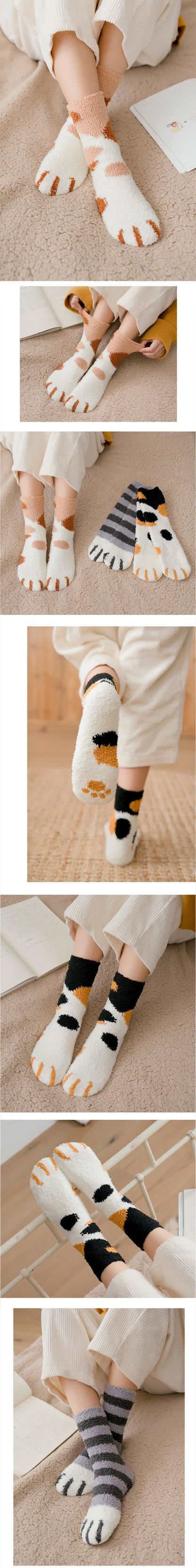 Women Winter Warm Fluffy Socks Cute Animal Claw Cat Paw Footprint Fuzzy Socks Female Thick Coral Fleece Home Floor Sleep Socks.
