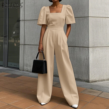 ZANZEA Street Fashion Elegant Womens Jumpsuits Sqaure Neck Short Sleeve Fitted Waist Wide Leg Pant Overalls Summer Streetwear.