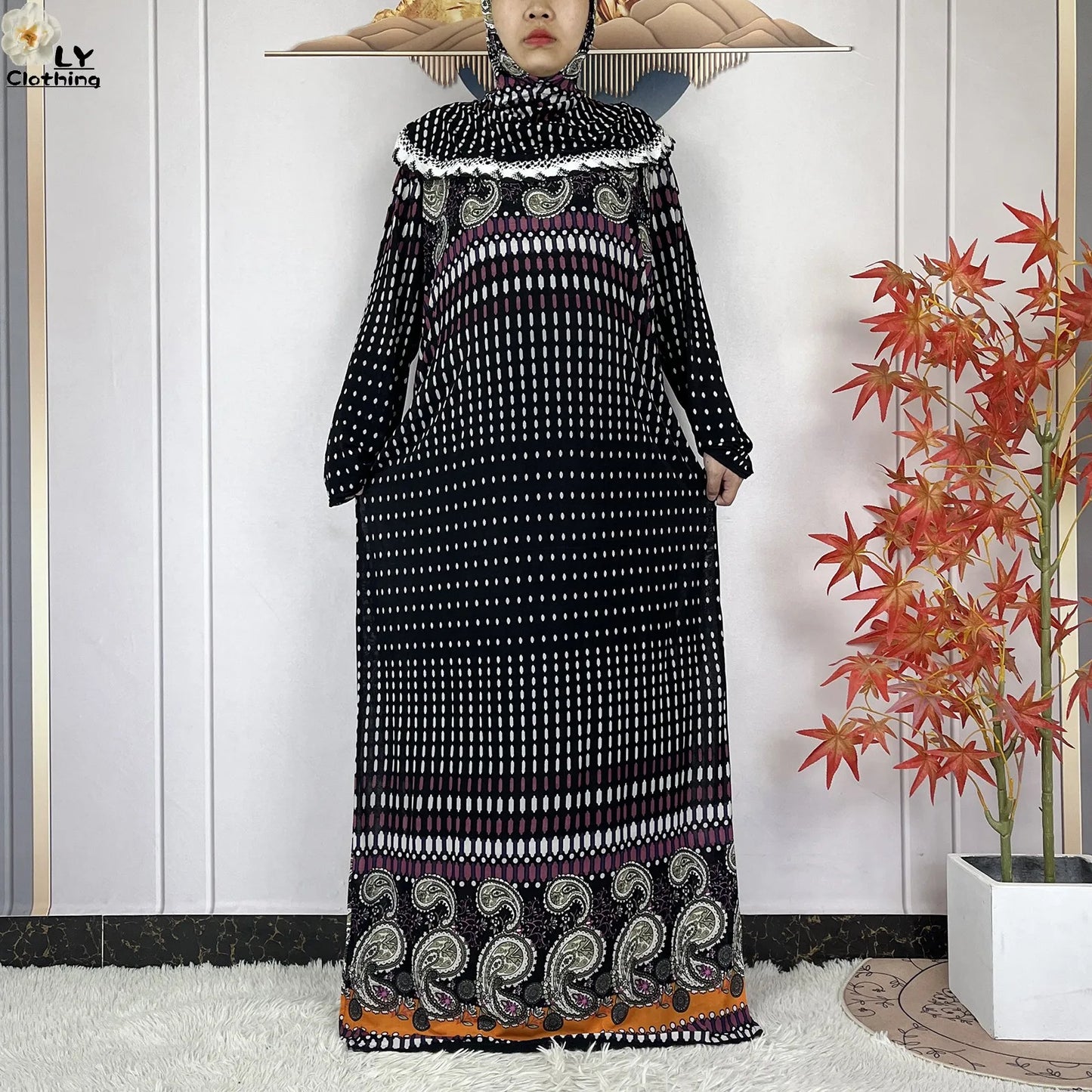 Muslim Ramadan Prayer For Women Long Sleeved Floral 2023Dubai Turkey Middle East Femme Loose Robe African Abayas Headscarf Dress