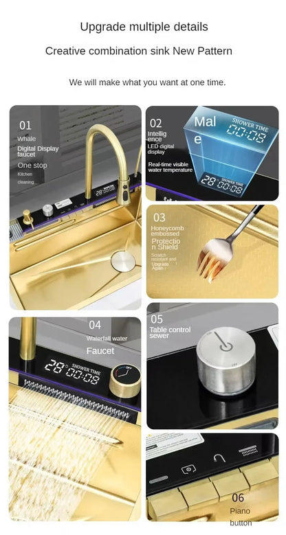 Gold Kitchen Sink Stainless Steel Sink Digital Vegetable Washing Basin, Atmosphere Light, Kitchen Large Single Sink 75cmX46cm