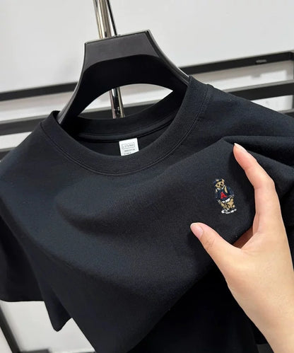 Light luxury 100% cotton men's T-shirt short sleeve round neck skin friendly comfort fashion brand cartoon bear embroidered top