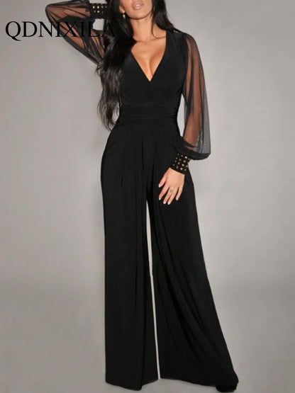 New In Spring Summer Women's Jumpsuit Black V-neck Mesh Splicing Straight One-piece Female Jumpsuit Sexy Streetwear Clothes.