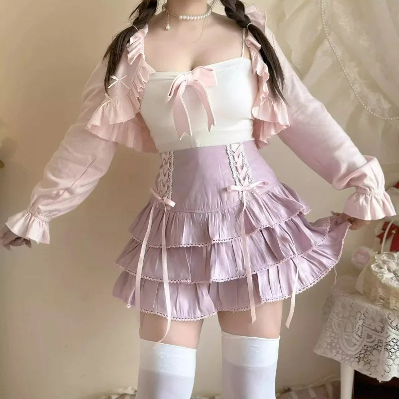 Japanese Kawaii Lolita Style Pleated Skirts Women High Waist Pink Bandage Fairy Y2k Aesthetic Skirt Cute Faldas Mujer Moda 2024