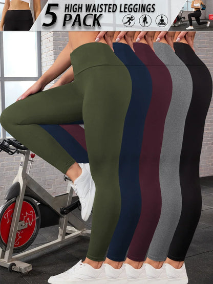 5 Pack Women's Super Soft High Waisted Tummy Control No See Through Workout Yoga Running Athletic Push Up Gym Fitness Leggings.