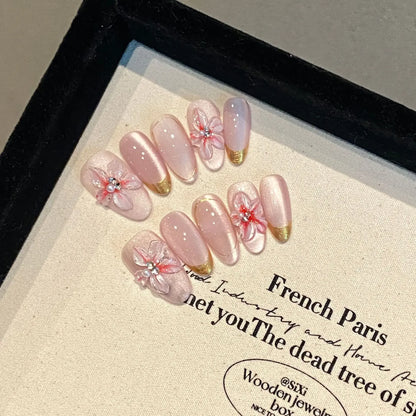 10Pcs Short Handmade Pink Press on Nails Spring French Rhinestone Full Cover Fake Nail Plaid Manicure Wearable Nail Tips Art.