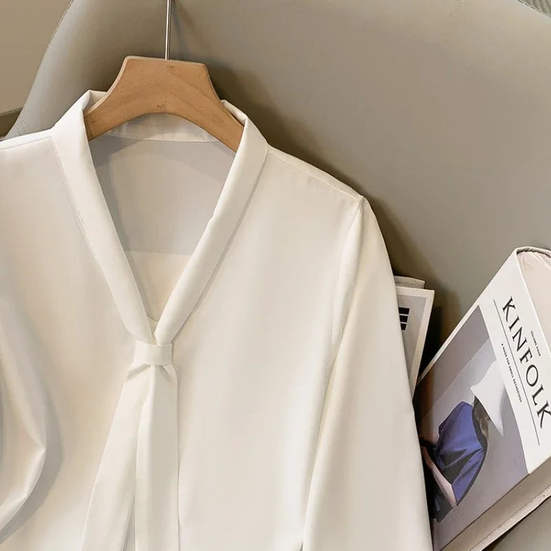 Loose Long Sleeve V-Neck Work Shirt for Women Plus Size Women's Blouses Fashion Versatile Autumn Bow Tops Trendy Business Shirts.