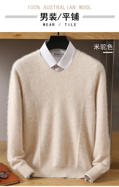 Men's 100% Pure Mink Cashmere Sweater V-Neck Pullovers Knit Large Size Mink Sweater Winter New Tops Long Sleeve High-End Jumpers.