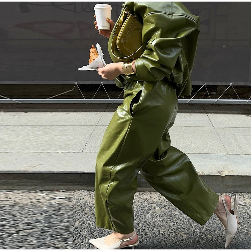 Stylish Leather Solid Jacket Pants Set Women Stand Collar Zipper Coat Loose Trousers Sets Female 2025 Autumn Fashion Streetwears