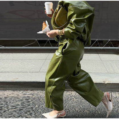 Stylish Leather Solid Jacket Pants Set Women Stand Collar Zipper Coat Loose Trousers Sets Female 2025 Autumn Fashion Streetwears