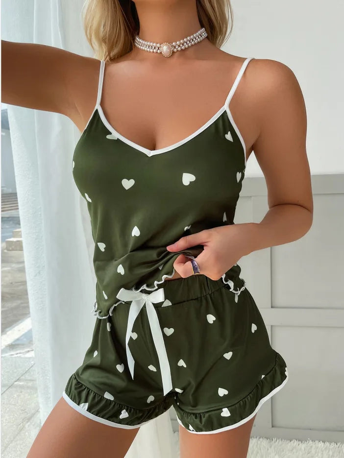 2025 sommer Pyjama 2Pcs Set Große Größe Weste Rüschen Shorts frauen Hosenträger Weiche Casual Nette Gedruckt Frauen pyjamas set Sexy Bogen.