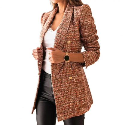 Frauen Herbst Blazer Revers Strickjacke Lange Ärmeln Doppel-breasted Slim Fit Warm Lässige Dick Plaid Print Lady Mantel für arbeit Jacke