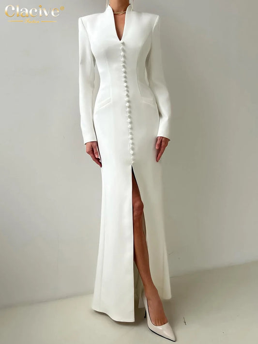 Clacive Sexy schlankes weißes Damenkleid 2025, modisches V-Ausschnitt, lange Ärmel, knöchellanges Kleid, elegantes, klassisches, geschlitztes Damenkleid