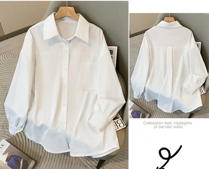 Plus Size Women's Blouses 2025 Spring Autumn Simple Lady Shirts Long Sleeve Big Pockets Shirt Loose Casual Tops.
