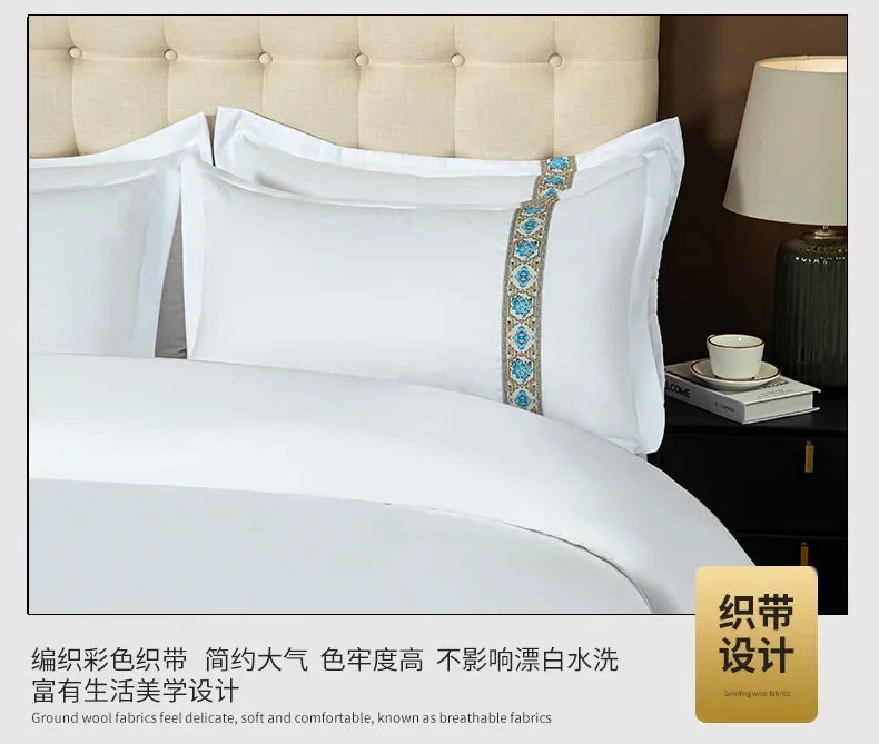 New 140g twill thickened hotel four-piece hotel linen pure white single quilt set webbing hotel bed and breakfast.