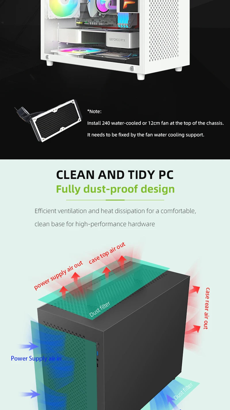 METALFISH S9 MATX Computer Case Gaming PC Chassis Support MATX/ITX/ATX PSU/240 Liquid Cooler/360mm GPU.