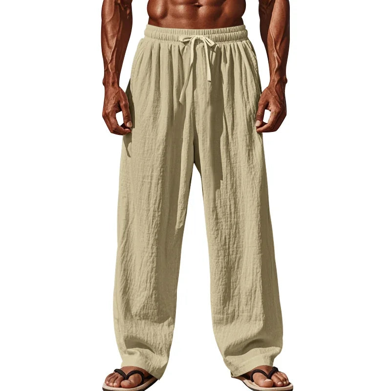 Men's Linen Casual Pants Elastic Waist Beach Pants Lightweight Drawstring Summer Yoga Pants Solid Color Beach Pants.