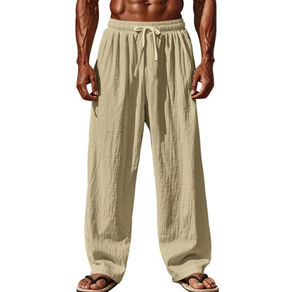 Men's Linen Casual Pants Elastic Waist Beach Pants Lightweight Drawstring Summer Yoga Pants Solid Color Beach Pants.