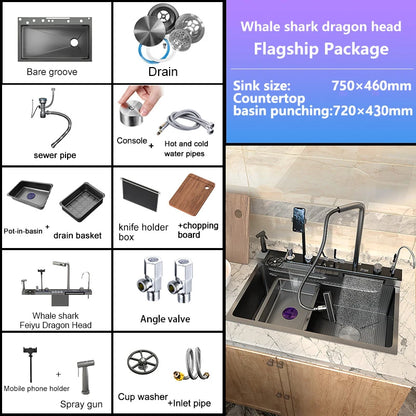 Stainless Steel Kitchen Sink Multifunctional Piano Button Waterfall Spout Faucet Digital Display Screen Dishwashing Basin