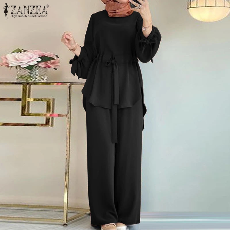 ZANZEA Muslim Women Matching Sets Long Sleeve Solid Color Tops And Loose Pant Suits Elegant Fashion Casual Tracksuit Kaftan 2025.