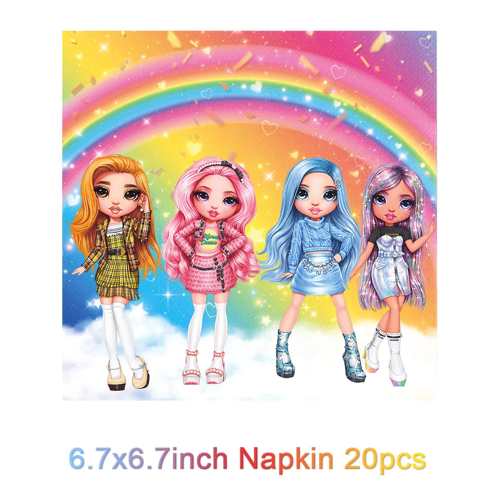 Cartoon Regenbogen Puppe High School Thema Hintergrund Geburtstag Party Dekoration Lieferungen Einweg Tasse Besteck Ballon Baby Geschenk