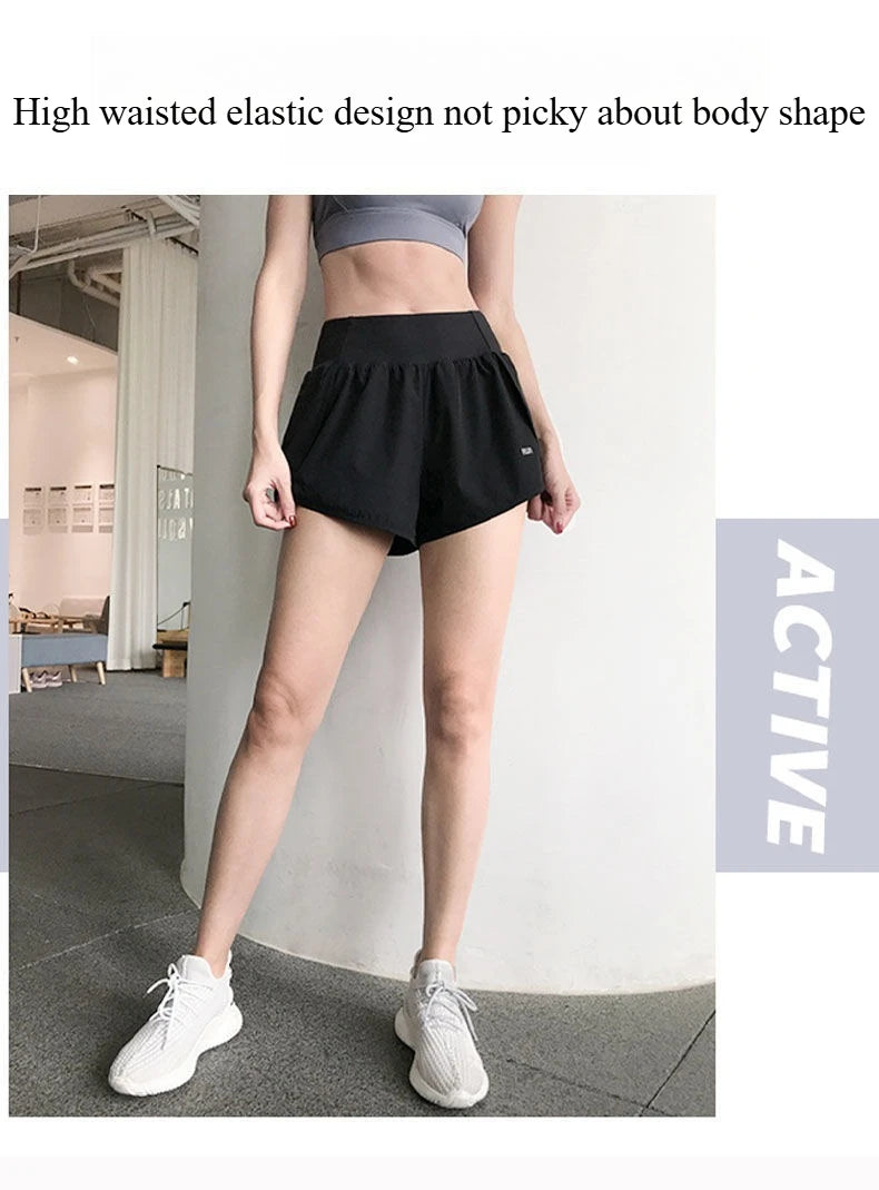 Women Yoga Pocket Shorts Fake Two Piece Anti Peek Shorts High Elastic Loose Fashion Casual Gym Trainning Three Point Pants.