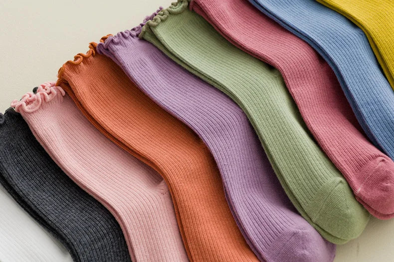 5 Pairs of Women's Solid Color Cotton Socks Japanese Style Ruffle Stacked Socks Cute Laciness Women's Long Socks.