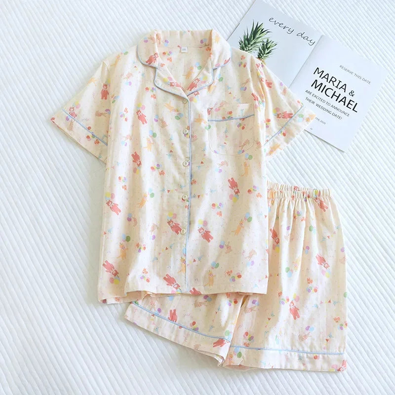 Japanische einfache kurze Pyjamas Frauen 100 % Baumwolle kurze Ärmel Damen Pyjama Sets Shorts süße Cartoon Nachtwäsche Frauen Homewear.