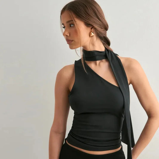 Summer new sexy solid color sloping neck backless ribbon decoration short inner vest for women.