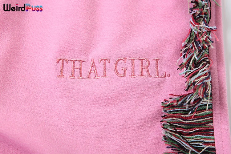 Weird Puss Casual Sporty 2 Piece Set Women Letter Embroidery Crop Tops+Side Tassel Straight Pants Matching Streetwear Tracksuits