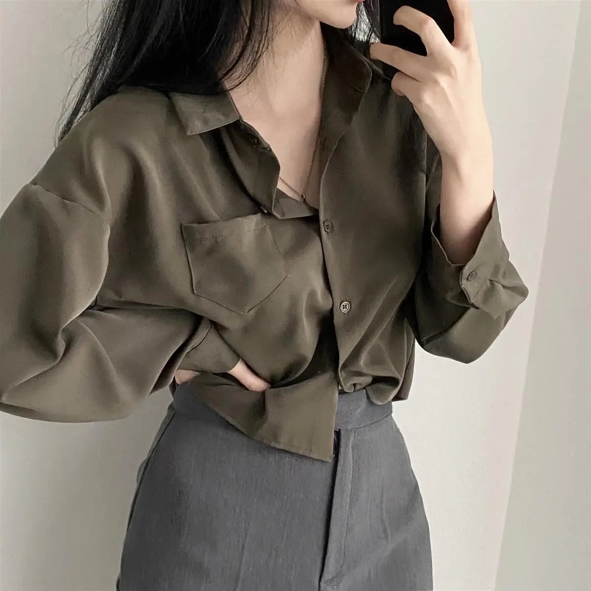 Long Sleeved Shirt And Blouse Simple Single Breasted Loose Casual Solid OL Trend Short Top Simple Elegant Fashion Women Clothes.