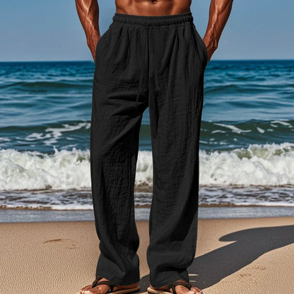 Men's Linen Casual Pants Elastic Waist Beach Pants Lightweight Drawstring Summer Yoga Pants Solid Color Beach Pants.