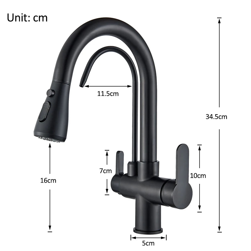 Matte Black Pure Water Filter Kitchen Faucet Dual Handle Hot and Cold Drinking Water Pull Out  Kitchen Mixer Taps
