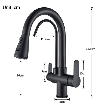 Matte Black Pure Water Filter Kitchen Faucet Dual Handle Hot and Cold Drinking Water Pull Out  Kitchen Mixer Taps