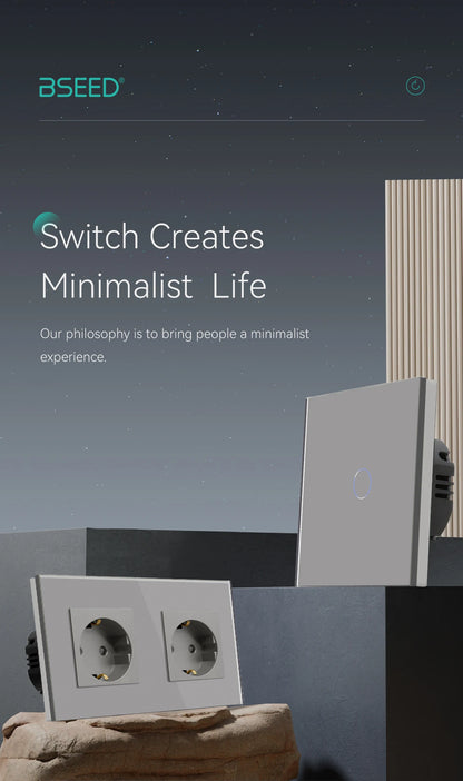 BSEED Touch-Schalter mit EU-Stromsteckdose, graue LED-Wandleuchte, 1/2/3 Gang, 1-Wege-Kristallglas-Panel, dunkelblaue Hintergrundbeleuchtung.