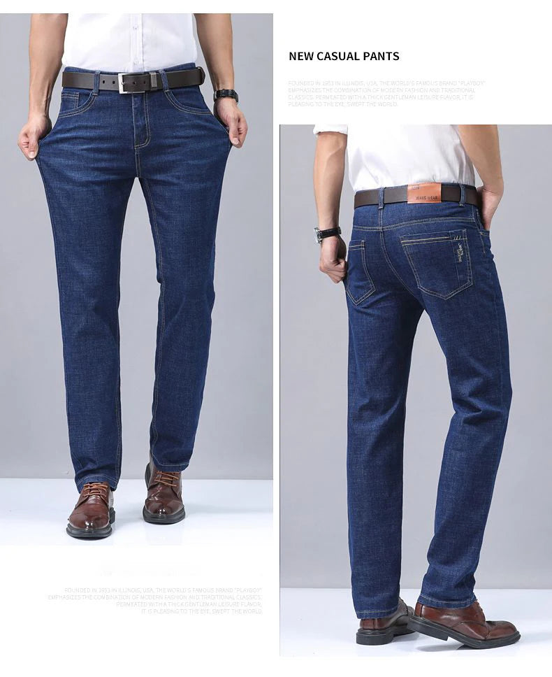 Summer Thin Men's Elastic Cotton Jeans Fashion Blue Comfortable Business Straight Casual Pants Brand Male Clothes Trousers.