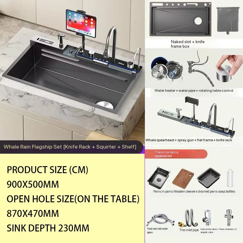Heißer verkauf Edelstahl Wasserfall Küche Waschbecken Mit Messer Halter Digital Display Wasserhahn Set Geprägte Extra Große Einzigen Slot