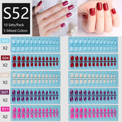 10 Sets/Pack Mixed Solid Colors Coffin Round Square Almond Shape False Nails Full Cover Nail Tips Short Fake Nails Tip Manicure.
