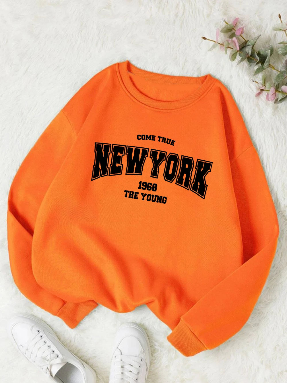 New York 1968 Women Sweatshirt Black Letter Print Sporty Hoodie Winter Casual Fleece Pullover Crewneck Red Hoody Street Clothing.