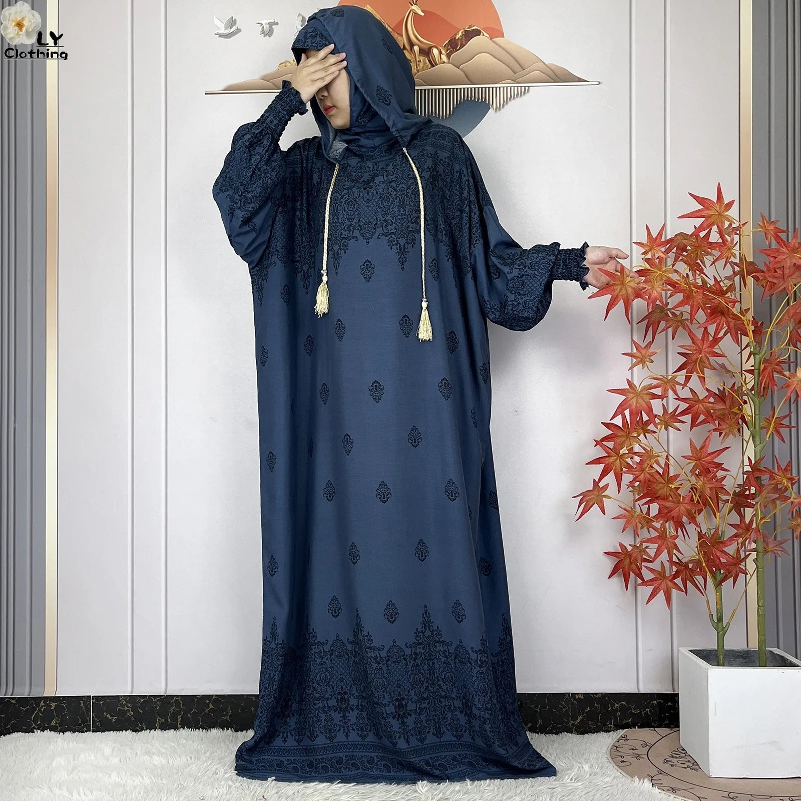 2025 Women Long Sleeves Dress Cotton Ramadan Abaya with Two Hats Muslim Women's Kaftan Dress Dubai Turkey Islam Prayer Clothing.
