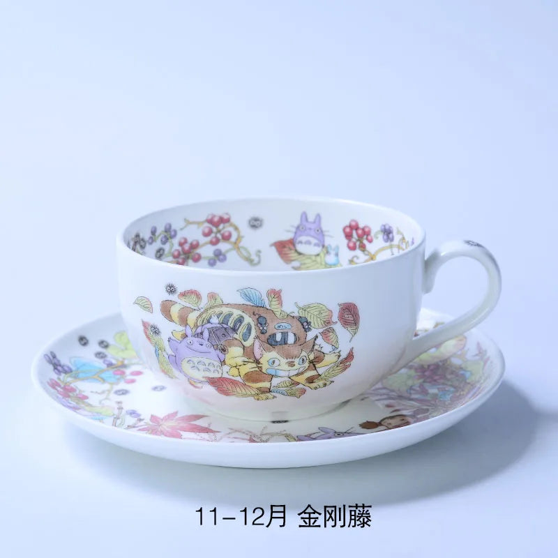 Bone China Dinner Plate Anime Cup and Saucer Set Coffee Mug Cute Cartoon Pattern Ceramic 9.5 Inch Dish Household Tableware Gift.