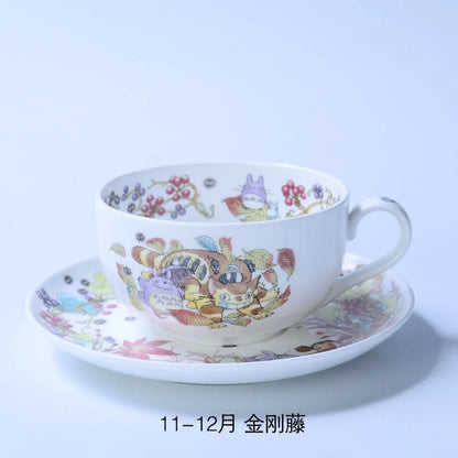 Bone China Dinner Plate Anime Cup and Saucer Set Coffee Mug Cute Cartoon Pattern Ceramic 9.5 Inch Dish Household Tableware Gift.