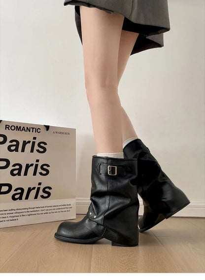 Winter Pleated Women Western Ankle Boots Fashion Rivet Belt Buckle Shoes Ladies Concise Vintage Thick Heel Short Booties.