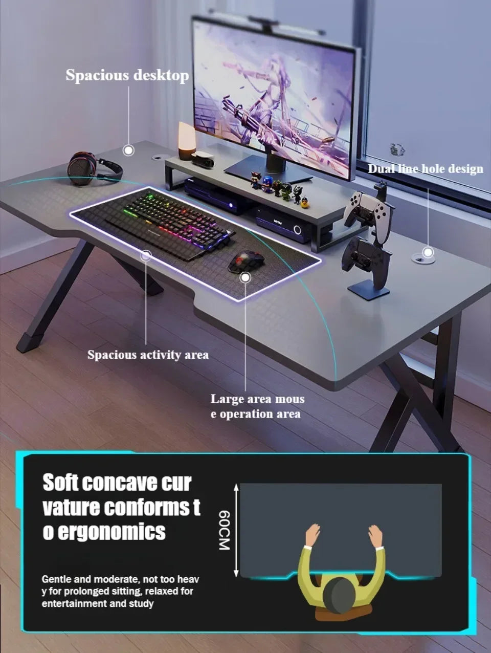 Ergonomischer Gaming-Tisch, Desktop-Computer, Doppel-Player-Gaming, luxuriöser und stabiler Gaming-Tisch, Schlafzimmer-Schreibtisch und Lernen